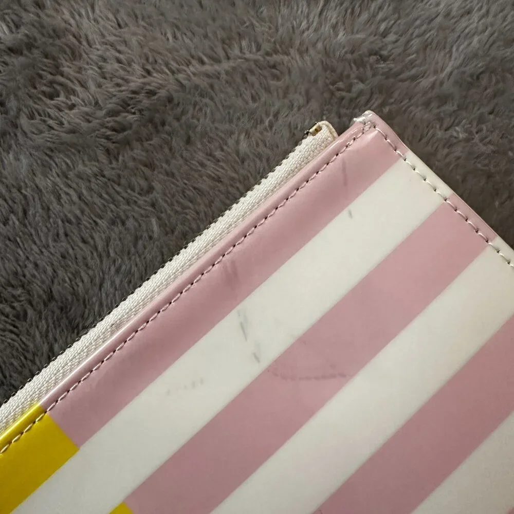 Kate Spade Yellow Pink Striped Zippered Pencil Pouch Cosmetic Bag Case - Picture 5 of 8